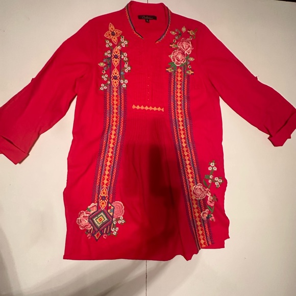 Calessa Red/Multicolored Embroidered Floral Cotton/Linen Boho V-Neck Top NWT S - Picture 12 of 16